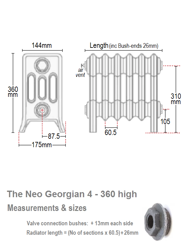 Neo Georgian 4-Column Cast Iron Radiator, 360 High, 4 Sections